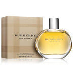 A bottle of Burberry for Women eau de parfum, alongside its packaging box. The bottle is clear and silver-colored, with the label displaying the brand name and the scent type.