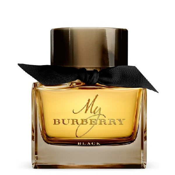 A bottle of My Burberry Black eau de parfum with a clear glass design and a black cap, adorned with a black bow.