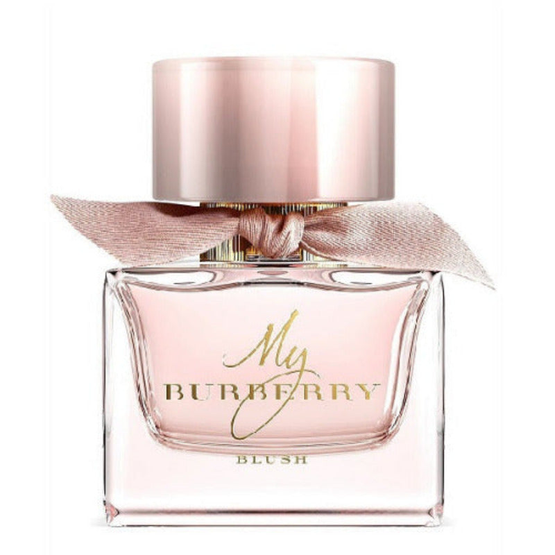 Bottle of My Burberry Blush eau de parfum with a pink ribbon and a rose gold cap.