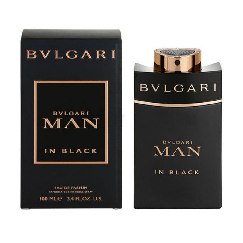 Bvlgari Man in Black Eau de Parfum bottle and packaging, with black and gold colors scheme.