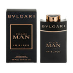 Bvlgari Man in Black Eau de Parfum bottle and packaging, with black and gold colors scheme.