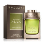 Bvlgari Man Wood Essence Eau de Parfum bottle and packaging, with the product name displayed prominently.