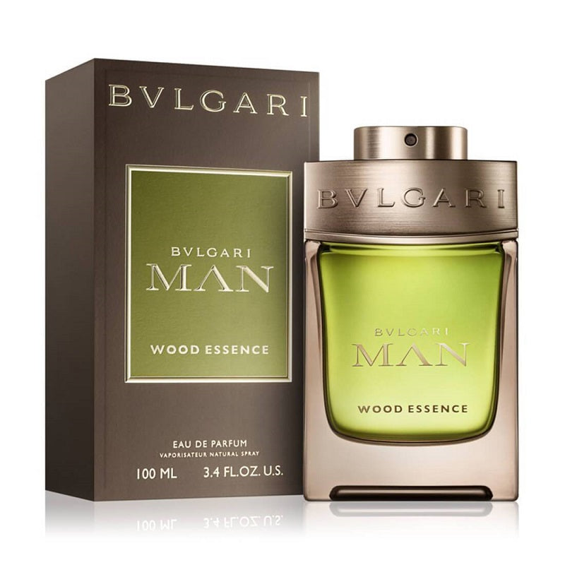 Bvlgari Man Wood Essence Eau de Parfum bottle and packaging, with the product name displayed prominently.