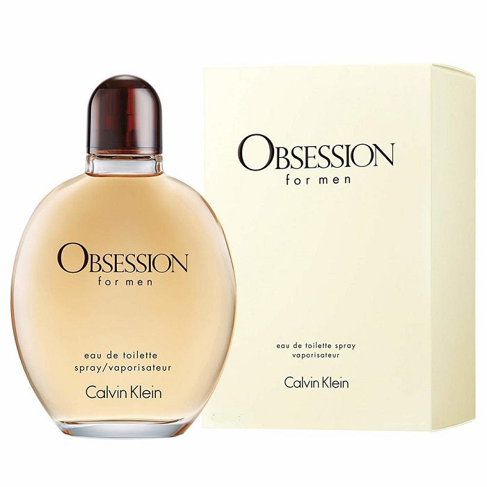A bottle of Obsession for Men eau de toilette by Calvin Klein with a clear, yellow-tinted liquid visible inside. The bottle is accompanied by its packaging box, both displaying the product name and Calvin Klein's logo.