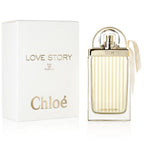 Chloe Love Story Eau de Parfum bottle with packaging, predominantly white with gold accents on the bottle and a white ribbon bow on the box.