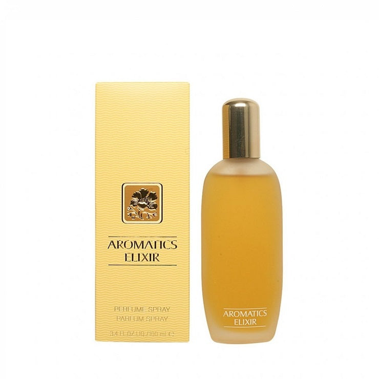 A product image featuring Clinique's Aromatics Elixir perfume in a 100ml bottle with its packaging box.