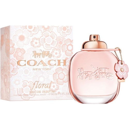 A Coach Floral Eau de Parfum bottle with a pink label and packaging, featuring a floral design.