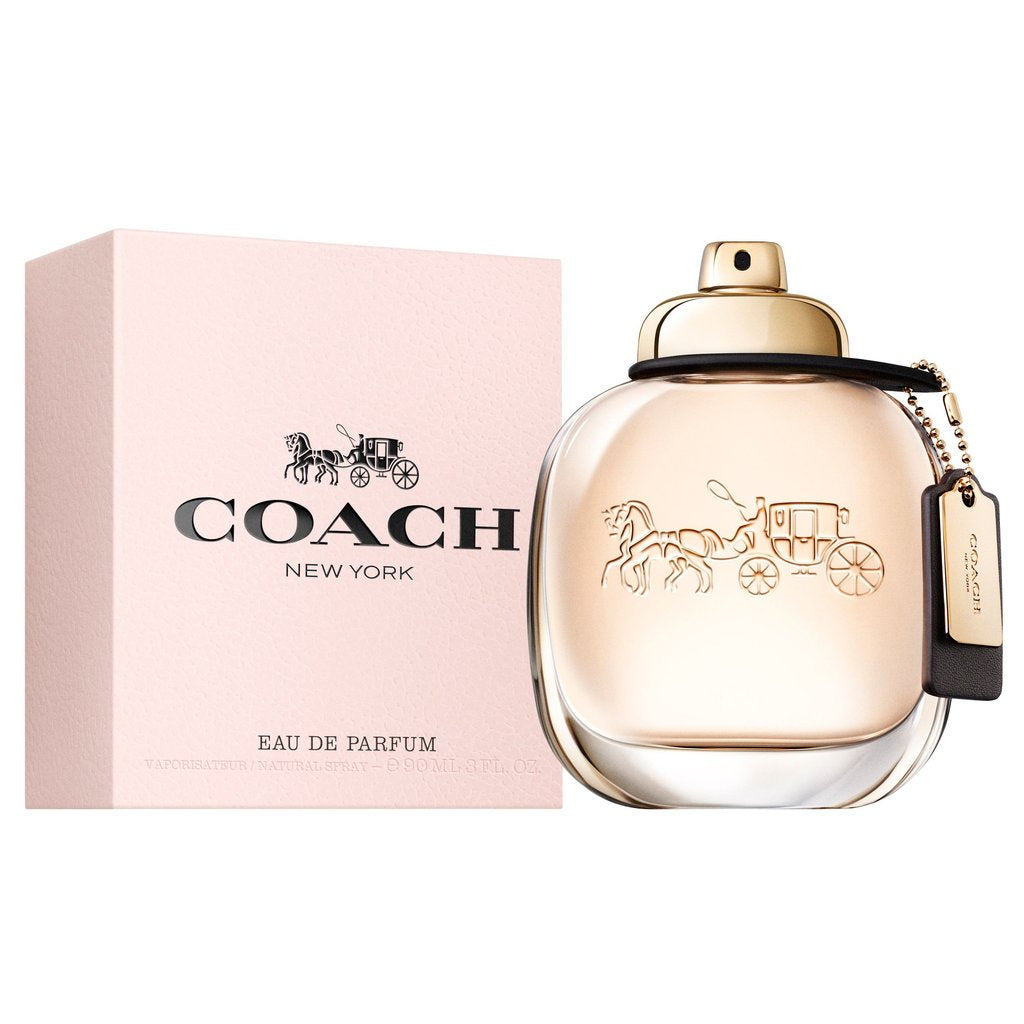 A Coach New York Eau de Parfum bottle with its packaging, featuring a floral oriental fragrance with top notes of pepper, raspberry leaves, and pear.