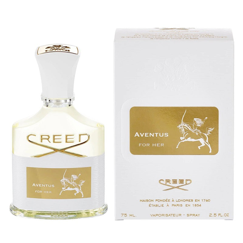 Aventus for Her Eau de Parfum by Creed in a white bottle with gold details, next to its packaging box.