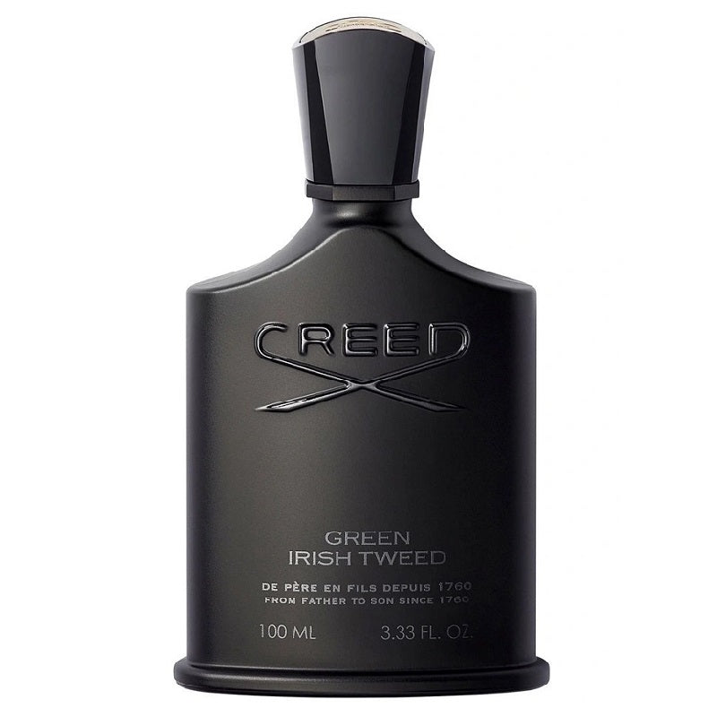 A black bottle of Creed Green Irish Tweed eau de parfum with a white label displaying the product name and volume.