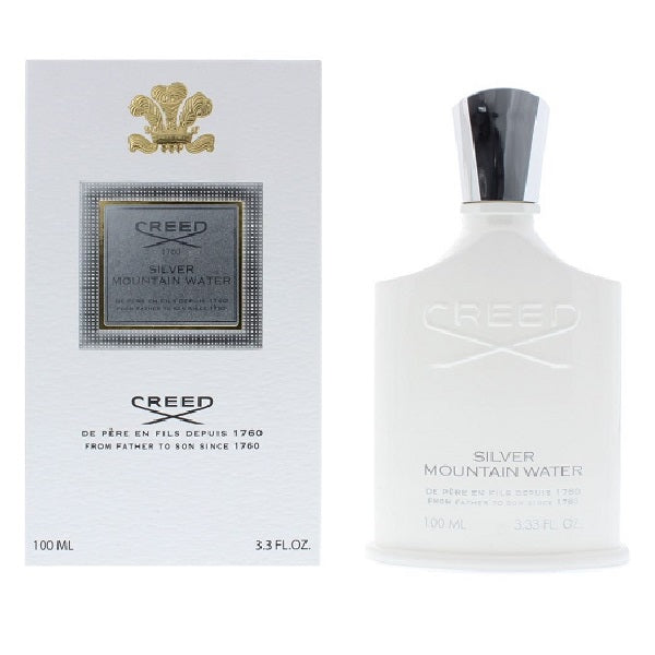 A bottle of Creed Silver Mountain Water Eau de Parfum for men, 100ml, with the brand's logo and product name displayed.