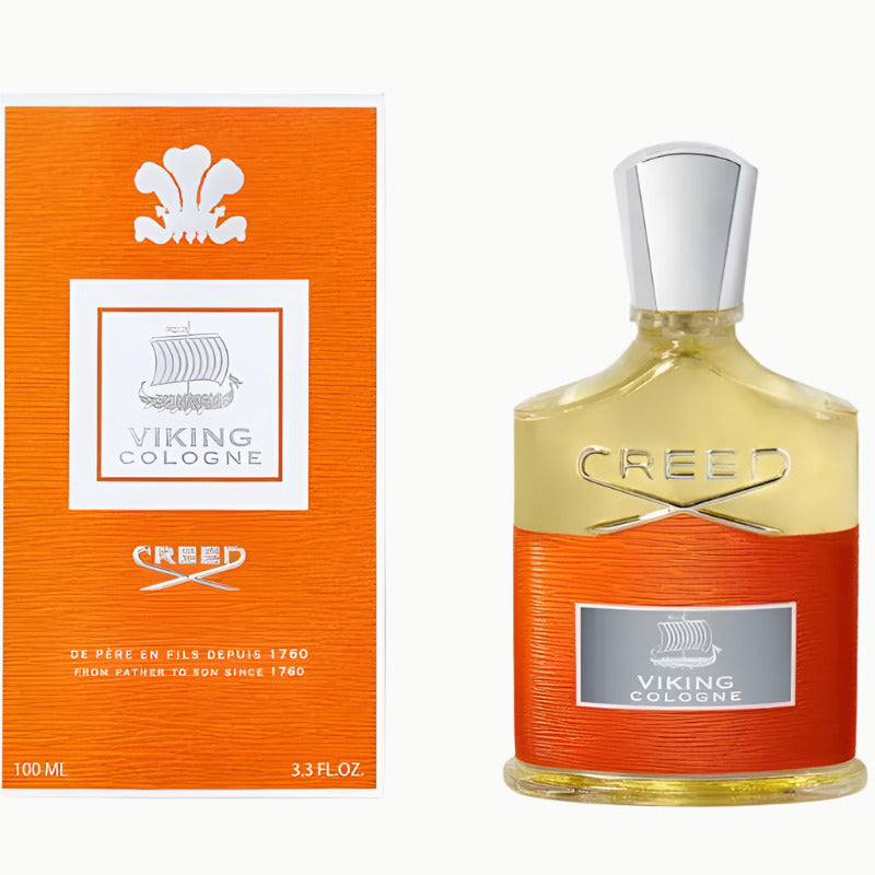 Product image showing a 100ml bottle of Viking Cologne by Creed, with packaging in orange and white.