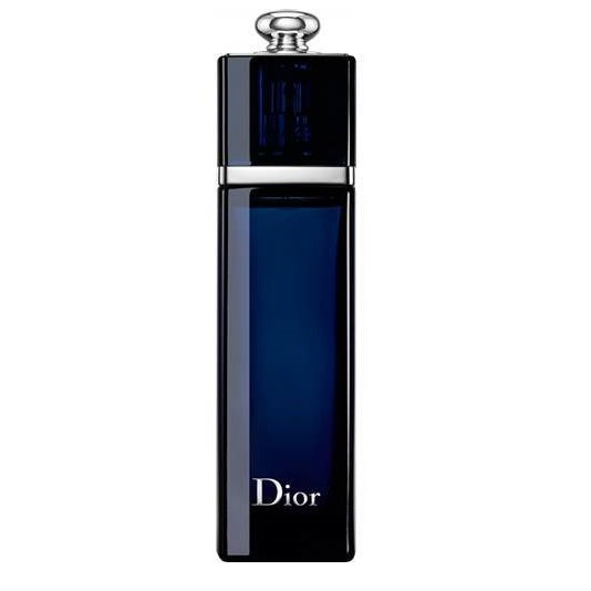 A dark blue bottle of Dior Addict Eau de Parfum with silver accents and the Dior logo displayed on the front.