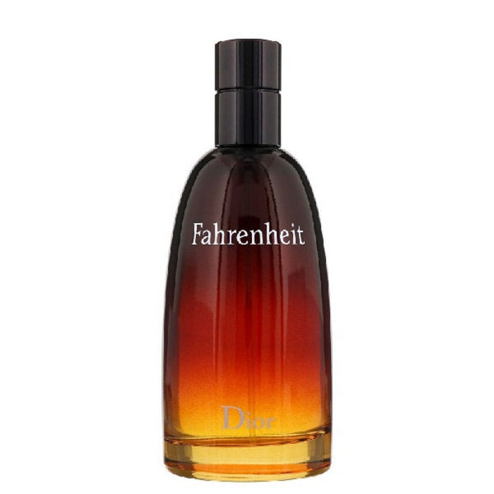 A bottle of Fahrenheit Eau de Toilette by Christian Dior with a gradient of orange to dark brown color and white label.