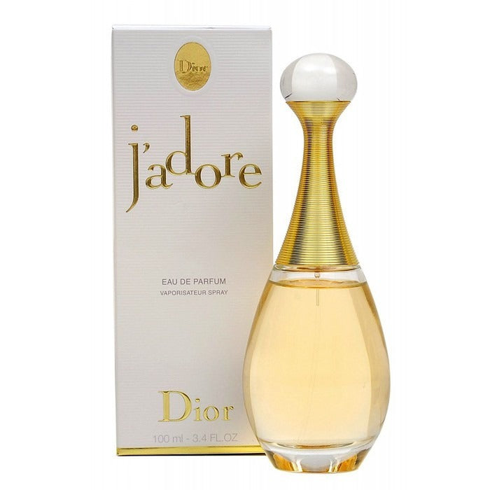 A bottle of Dior J'Adore Eau de Parfum with its packaging, displaying the brand name and the fragrance name.