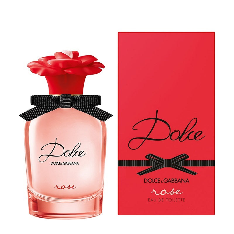 A product image featuring Dolce Rose Eau de Toilette by Dolce Gabbana, with a red bottle and black bow, alongside its red packaging box with white text.