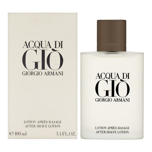 The image shows a product packaging for Acqua Di Gio After Shave Splash by Giorgio Armani, featuring a white box and a clear bottle with the after shave lotion inside. The packaging text is in black and brown, indicating the brand and product name.