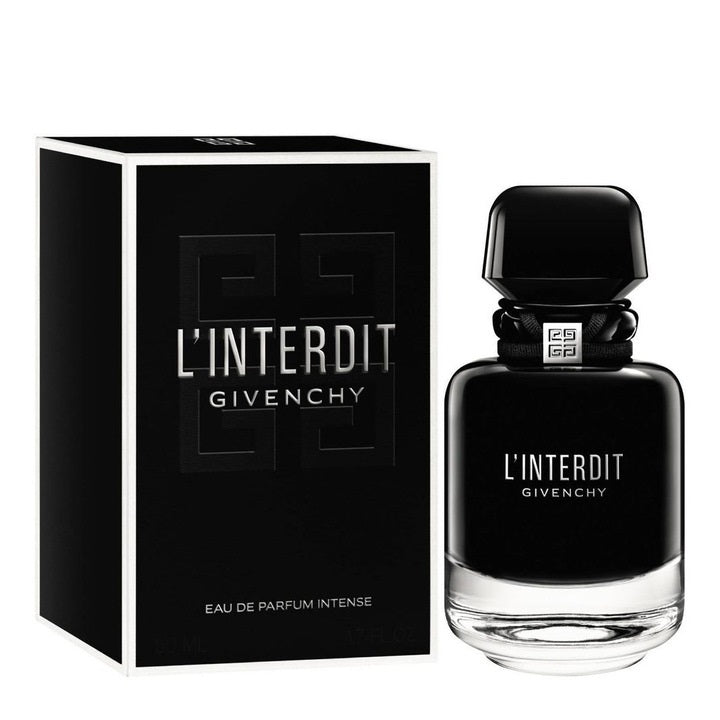 A black bottle of Givenchy L'Interdit Intense eau de parfum with a clear glass texture, displayed alongside its black box with white text.
