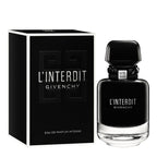 A black bottle of Givenchy L'Interdit Intense eau de parfum with a clear glass texture, displayed alongside its black box with white text.