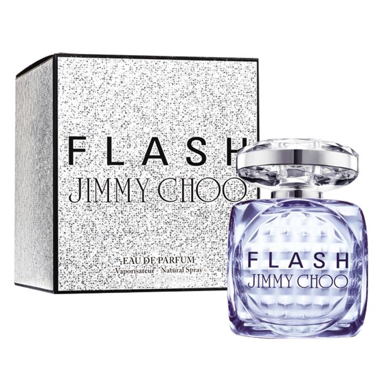 A product image featuring the packaging and bottle of 'Flash (100ml) Eau de Parfum by Jimmy Choo'. The bottle is in front of the box, with the name 'FLASH' prominently displayed.