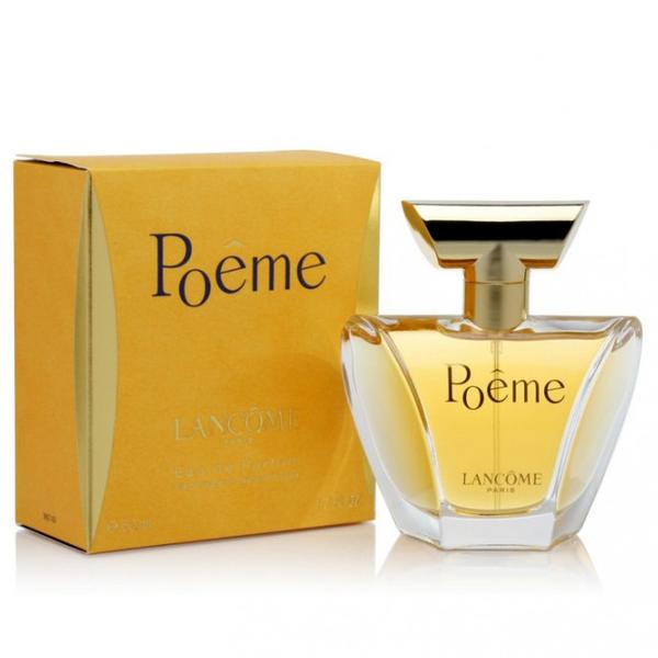 A 100ml bottle of Lancome Poeme Eau de Parfum next to its yellow packaging box.