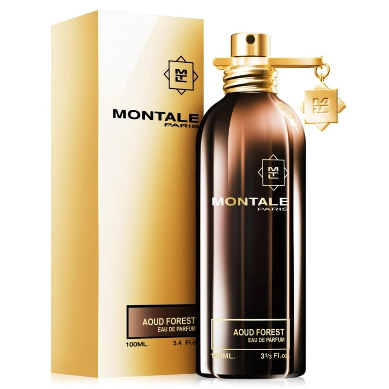 A product image featuring a brown perfume bottle with a gold cap, labeled 'Montale Aoud Forest Eau de Parfum 100ml'. The perfume bottle is displayed alongside its packaging box.
