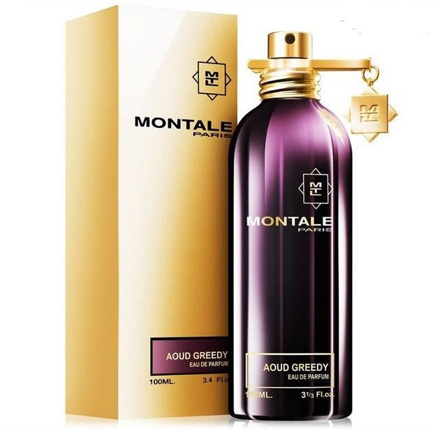 A product image featuring a purple perfume bottle with a gold cap, alongside its packaging box with the brand name 'Montale' displayed.