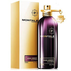 A product image featuring a purple perfume bottle with a gold cap, alongside its packaging box with the brand name 'Montale' displayed.