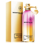 A bottle of Montale Aoud Legend Eau de Parfum with its packaging. The bottle is transparent with a pink hue and the packaging is gold with black text.