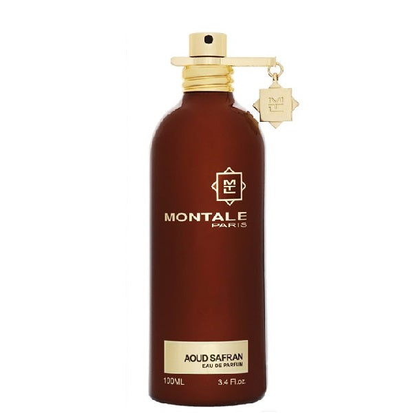 A bottle of Montale Aoud Safran Eau de Parfum with a dark tint and a gold cap, displaying the brand and product name.