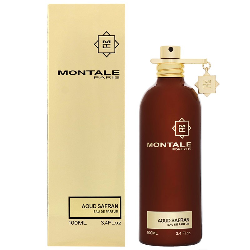 A product image featuring a brown eau de parfum bottle with a gold spray nozzle, next to its beige packaging box. The brand 'Montale' is visible on both the bottle and the box.