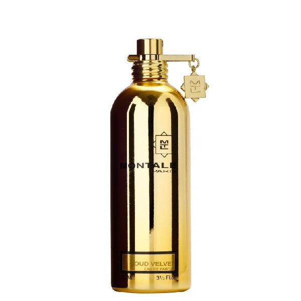 A gold-colored bottle of Montale Aoud Velvet Eau de Parfum with a metallic finish and a branded label.