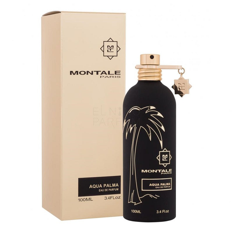 A product image featuring a black bottle of Montale Aqua Palma Eau de Parfum with a gold spray nozzle, alongside a beige box with the brand and product name.
