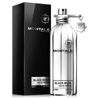 A product image featuring a 100ml bottle of Montale Black Musk Eau de Parfum, with a black box packaging. The bottle is transparent, showcasing the dark perfume liquid, and has a metallic cap.