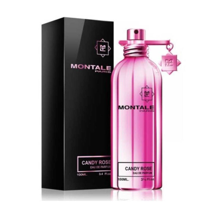 A product image featuring a black box with the brand 'Montale' and a pink Eau de Parfum bottle with the label 'Candy Rose'.