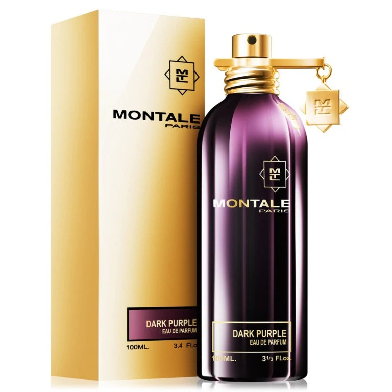 A product image featuring a purple Eau de Parfum bottle with a gold cap, alongside its yellow packaging box, labeled 'Montale Dark Purple'.