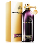 A product image featuring a purple Eau de Parfum bottle with a gold cap, alongside its yellow packaging box, labeled 'Montale Dark Purple'.