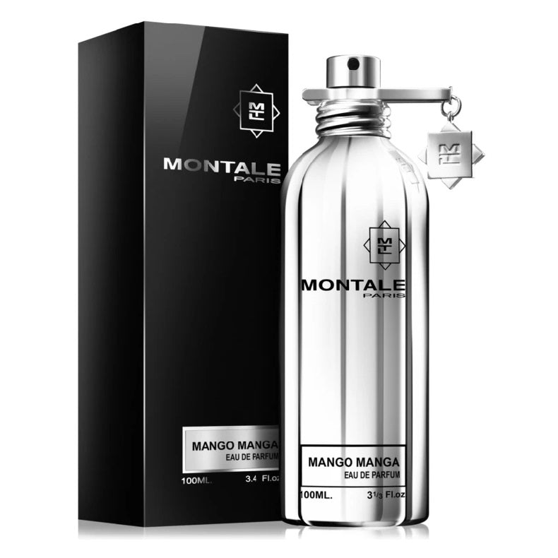 A bottle of Mango Manga Eau de Parfum by Montale with a black box, the bottle is transparent with a white liquid inside and has the brand name and product title printed on it.