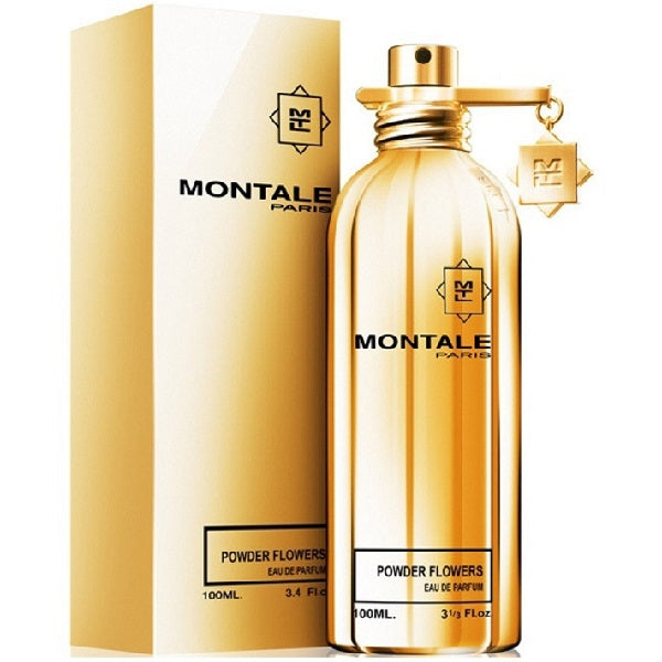 A gold-colored, transparent perfume bottle with a white label that reads 'Montale', alongside a gold box with the same branding.