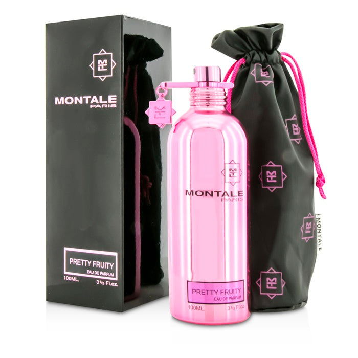 A product image featuring a pink bottle of Montale Pretty Fruity Eau de Parfum, with a black box and a black bag with Montale branding in pink.