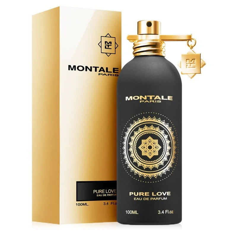 A product image featuring a black bottle of Montale Pure Love Eau de Parfum with a gold cap, alongside its packaging box which has '100ml' and 'Pure Love' text.