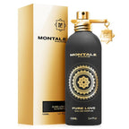 A product image featuring a black bottle of Montale Pure Love Eau de Parfum with a gold cap, alongside its packaging box which has '100ml' and 'Pure Love' text.