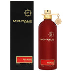 A product image featuring a red bottle of Montale Red Aoud Eau de Parfum with a gold spray nozzle, alongside its black packaging box with gold accents.