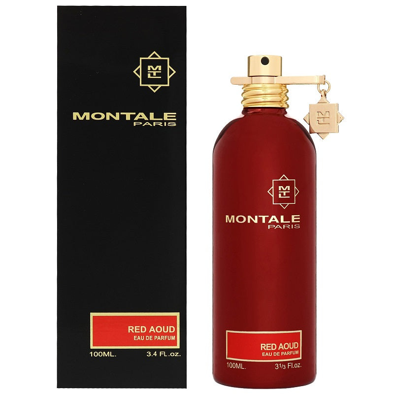 A product image featuring a red bottle of Montale Red Aoud Eau de Parfum with a gold spray nozzle, alongside its black packaging box with gold accents.