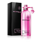 A pink bottle of Montale Roses Musk Eau de Parfum with a black box in the background, both featuring the Montale branding.