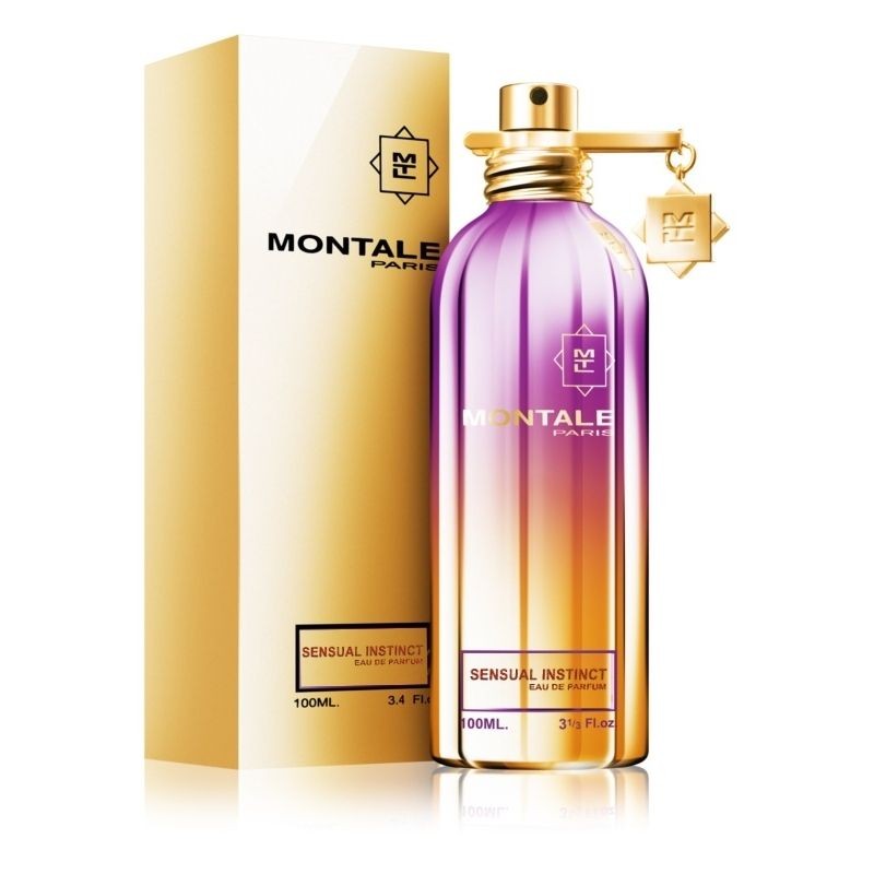 A product image featuring a 100ml Eau de Parfum bottle with a purple to gold gradient and a gold cap, alongside its packaging box with the brand 'Montale' visible.