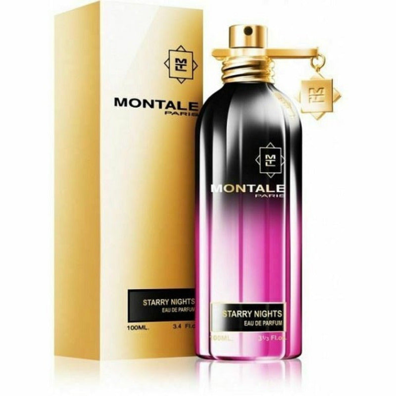 A bottle of Montale Starry Night Eau de Parfum with a gold and black label, next to its packaging box.