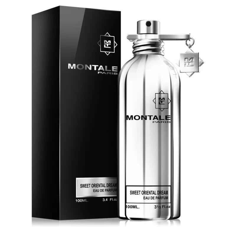 A 100ml bottle of Montale Sweet Oriental Dream Eau de Parfum, with a black box packaging. The bottle is transparent, showcasing the white liquid inside, and has a metallic cap.