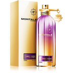 A product image featuring a purple and gold colored perfume bottle with the brand name Montale on it, alongside its packaging box.