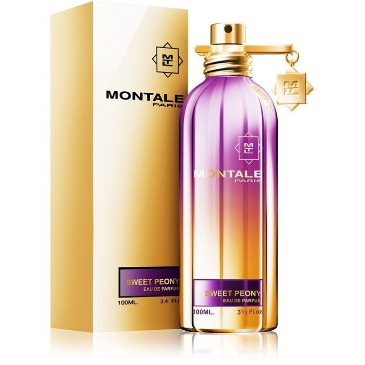 A product image featuring a purple and gold colored perfume bottle with the brand name Montale on it, alongside its packaging box.